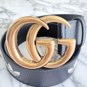 Gucci x Adidas Black Leather Belt Double G Marmont Buckle‎ 80/32 406831-U4DAT